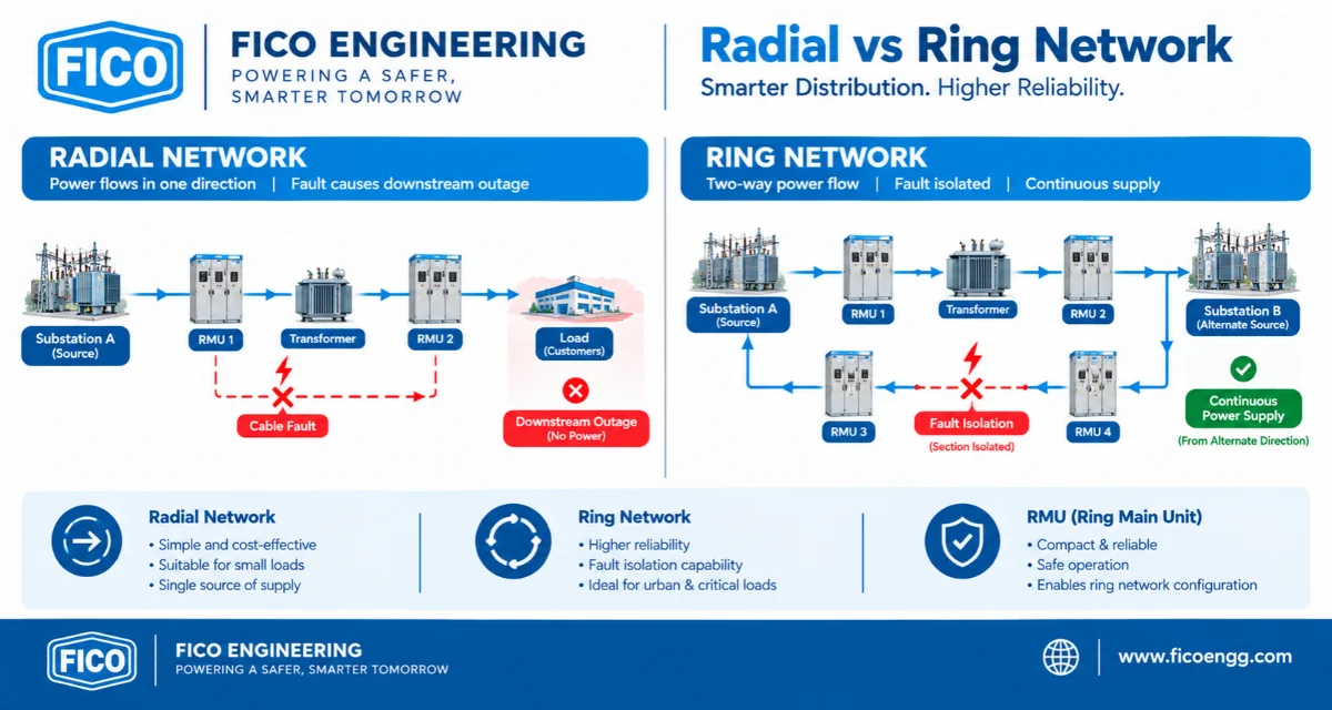 RMU ring network vs radial network showing fault isolation and continuous power supply