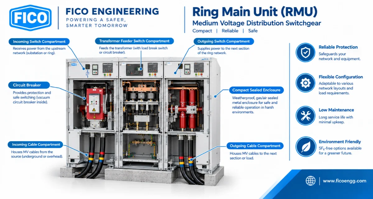 Ring Main Unit RMU components including incoming and outgoing switch compartments