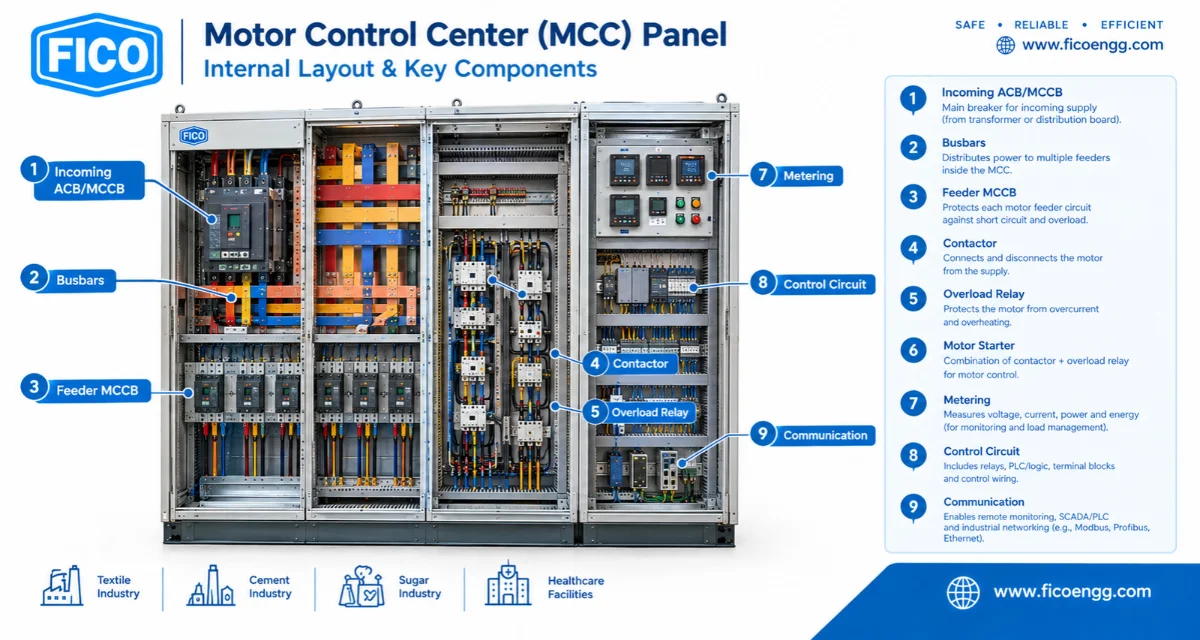MCC panel components including busbars contactors overload relays and motor starters
